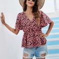 thumbnail image 2 of Mujer Manga Corta Top Cuello En V Estampado Floral Dobladillo Con Volantes Cintura Elástica Camiseta De Verano Rosa Profundo XS, 2 of 7