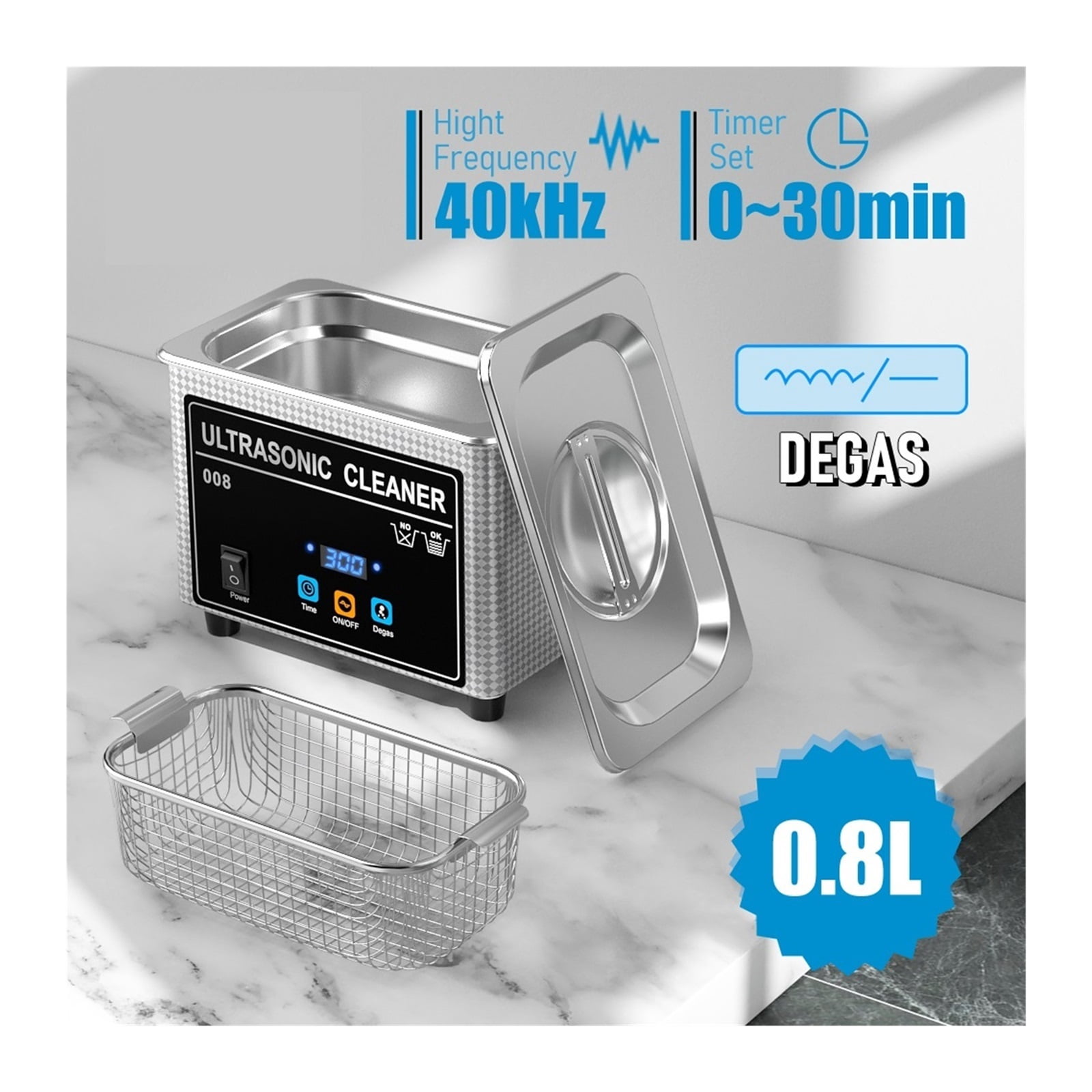 800ml Household Digital Ultrasonic Cleaner 80W Stainless Steel Bath Degas Ultrasound Washing for Watches Jewelry