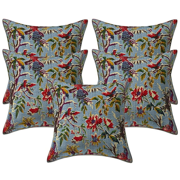 Stylo Culture Ethnic Couch Throw Pillow Covers 16x16 Kantha Grey Printed 40cm x 40cm Home Decor Accent Pillowcase Cotton Bird Square Cushion Covers | Set Of 5