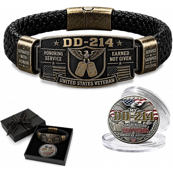 DD-214 Veteran Bracelet and Commemorative Coin Gift Set, Military Retirement Gifts for Veterans, United States Veteran Memorial Keepsake with Braided Leather Bracelet & Challenge Coin, Military Gift