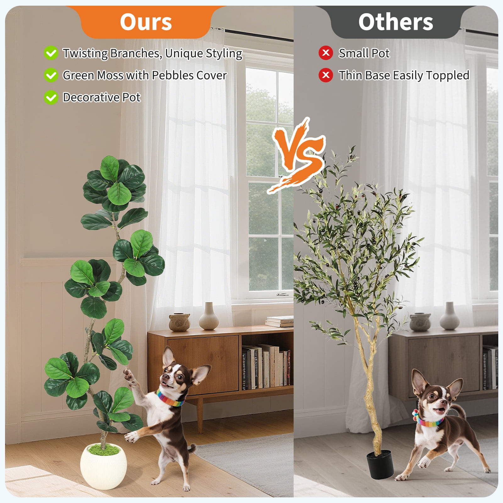 Artificial Fiddle Leaf Fig Tree, Fake Plants with White Planters, Artificial Plants Indoor with Realistic Moss for Home Decor Office Living Room