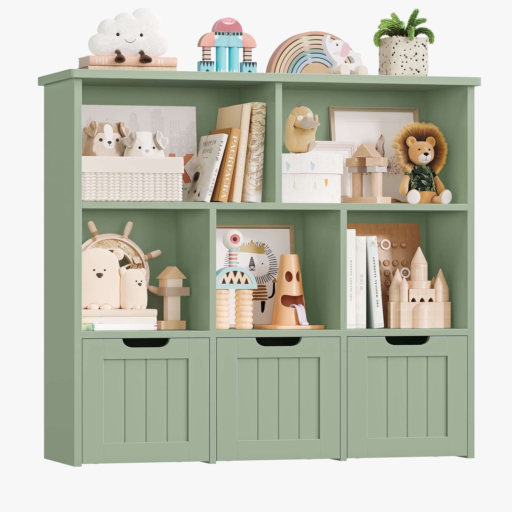 Homfa Toy Storage Organizer with 3 Movable Drawers, 5 Cube Kids Bookcase for Playroom, Storage Cabinet for Living Room, Green Finish