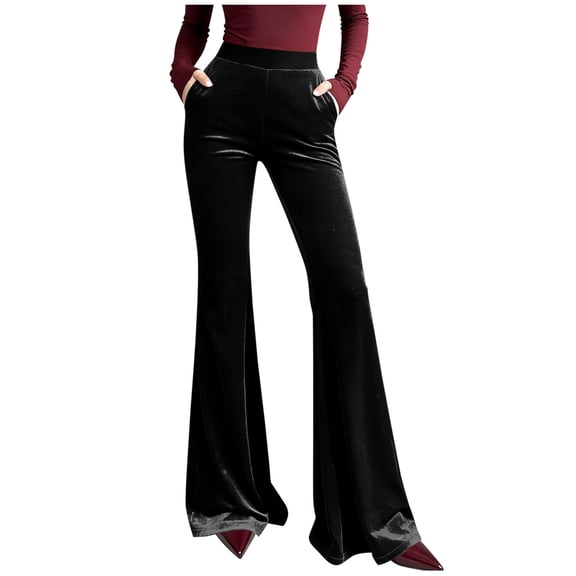 Velvet Pants for Women High Waisted Elastic Waist Flared Pant with Pockets Lightweight Slim Fitted Trousers Athletic Casual Trouser Solid Loose Fit Slacks 2026 Spring Fall Outfits