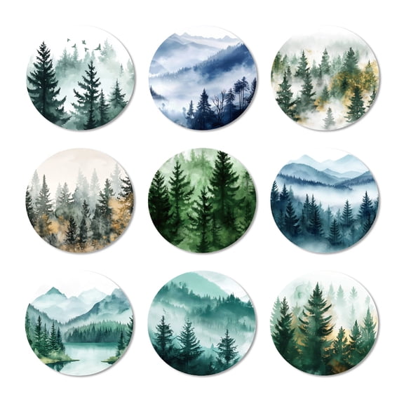 9 Pcs Wood Coasters for Drinks Watercolor Forest Mountain Colorful Wooden Cup Mat for Coffee Table Decor 3.9" Non-Slip Desk Coasters for Home