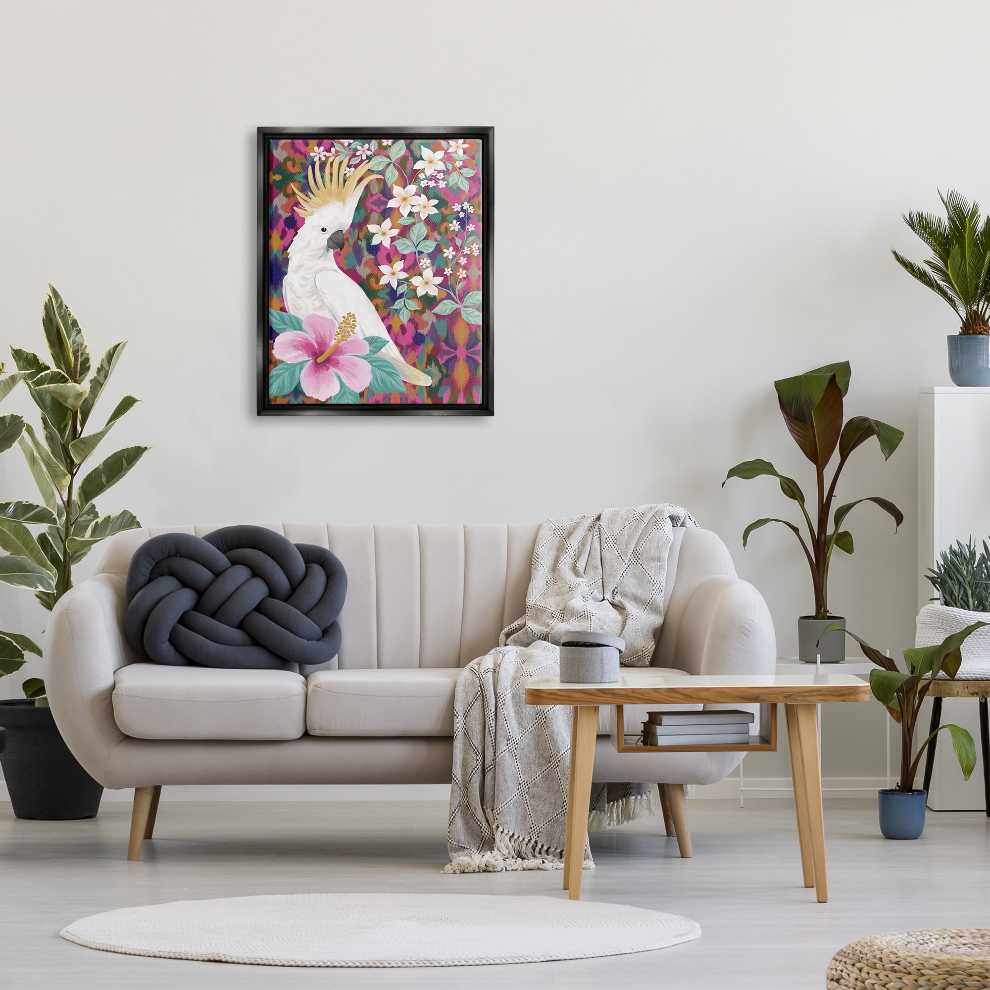 Stupell Industries Cockatoo with Floral Hibiscus Animals & Insects Painting Black Floater Framed Canvas Art Print Wall Art, 25 x 31