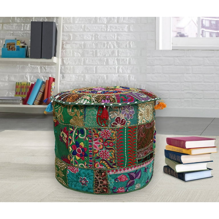 Sophia Art Handmade Bohemian Floor Pillow - Vintage Indian Patchwork Pouf Ottoman, 16" Green (Cover Only)