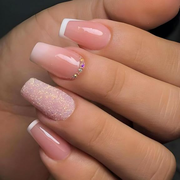 Short Press on Nails Coffin Fake Nails with Glitter Rhinestones Designs White French Tip Glue on Nails Acryilc False Nails Glossy Stick on Nails for Women 24 Pcs white 24 Fl Oz (Pack of 1)