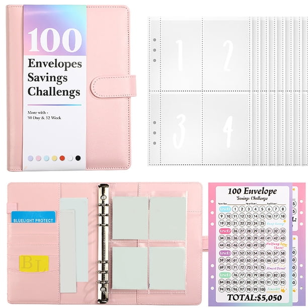 100 Envelopes Money Saving Challenge, Savings Challenges Book With Envelopes, Savings Binder With 100 Pocket Pre-number & Reusable Laminated