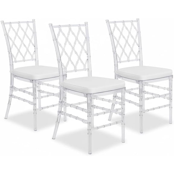 FOH Set of 3 Acrylic Grid Clear Dining Chairs, Transparent Lucite Side Chairs for Dining Room, Kitchen, Wedding, Event Reception – No Assembly Required