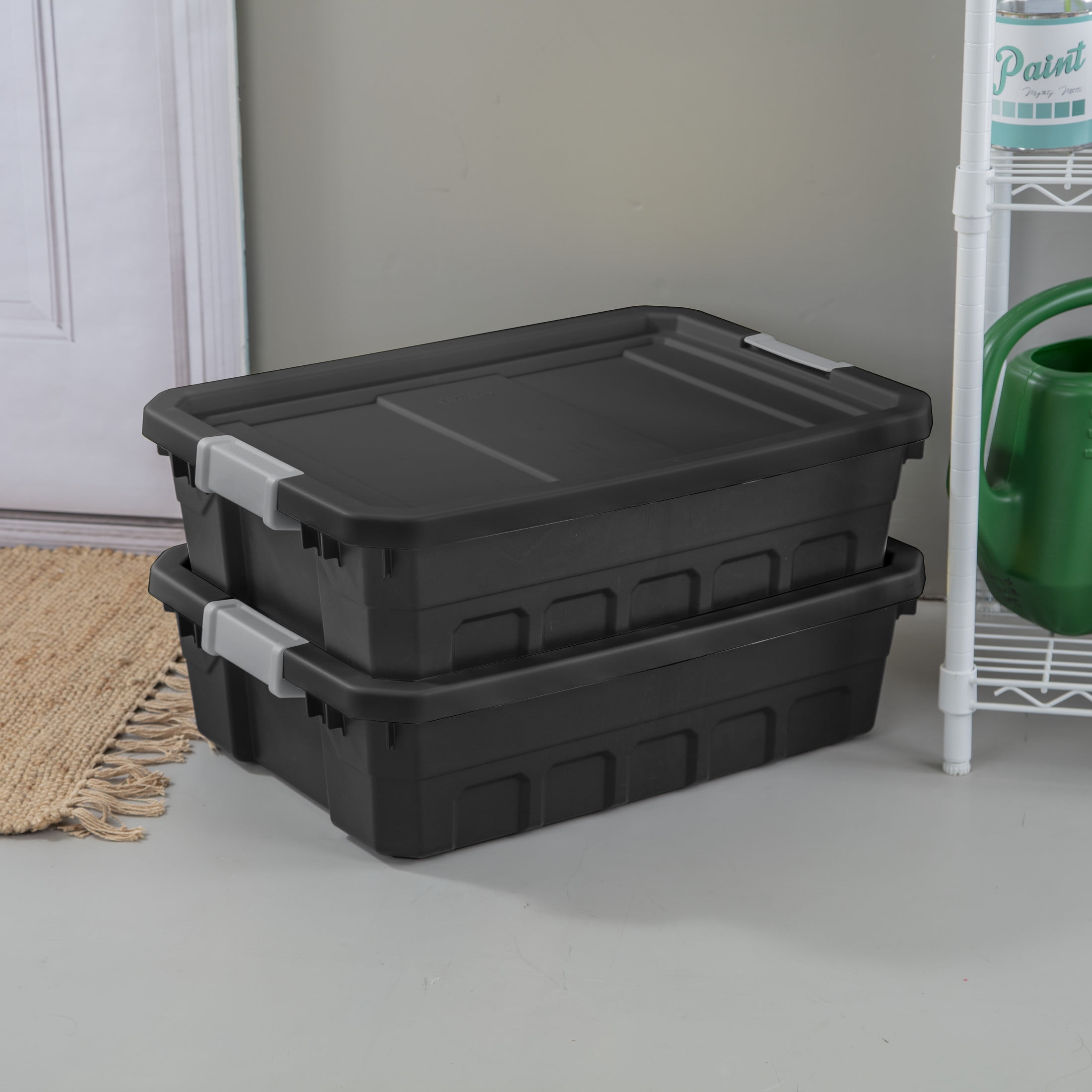 Sterilite Stackable Storage Bin, 10 Gallon Durable Plastic Storage Tote with Latch Lid, Black, 6 Pack