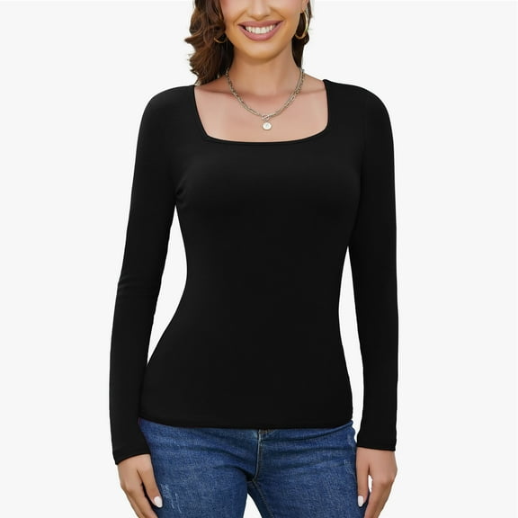 MISS COCOLI Long Sleeve Thermal Tops For Women Square Neck Fleece Lined Base Layer Basic Shirt Ribbed Undershirts