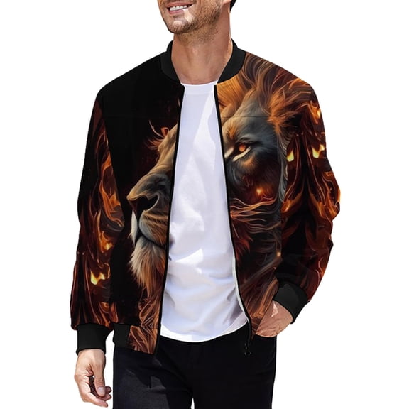 VNKIDY Men's Coat Autumn Winter Lion Print Bomber Jacket Long Sleeve Zipper Crewneck Coat For Casual Daily Streetwear Activities Soft Outerwear