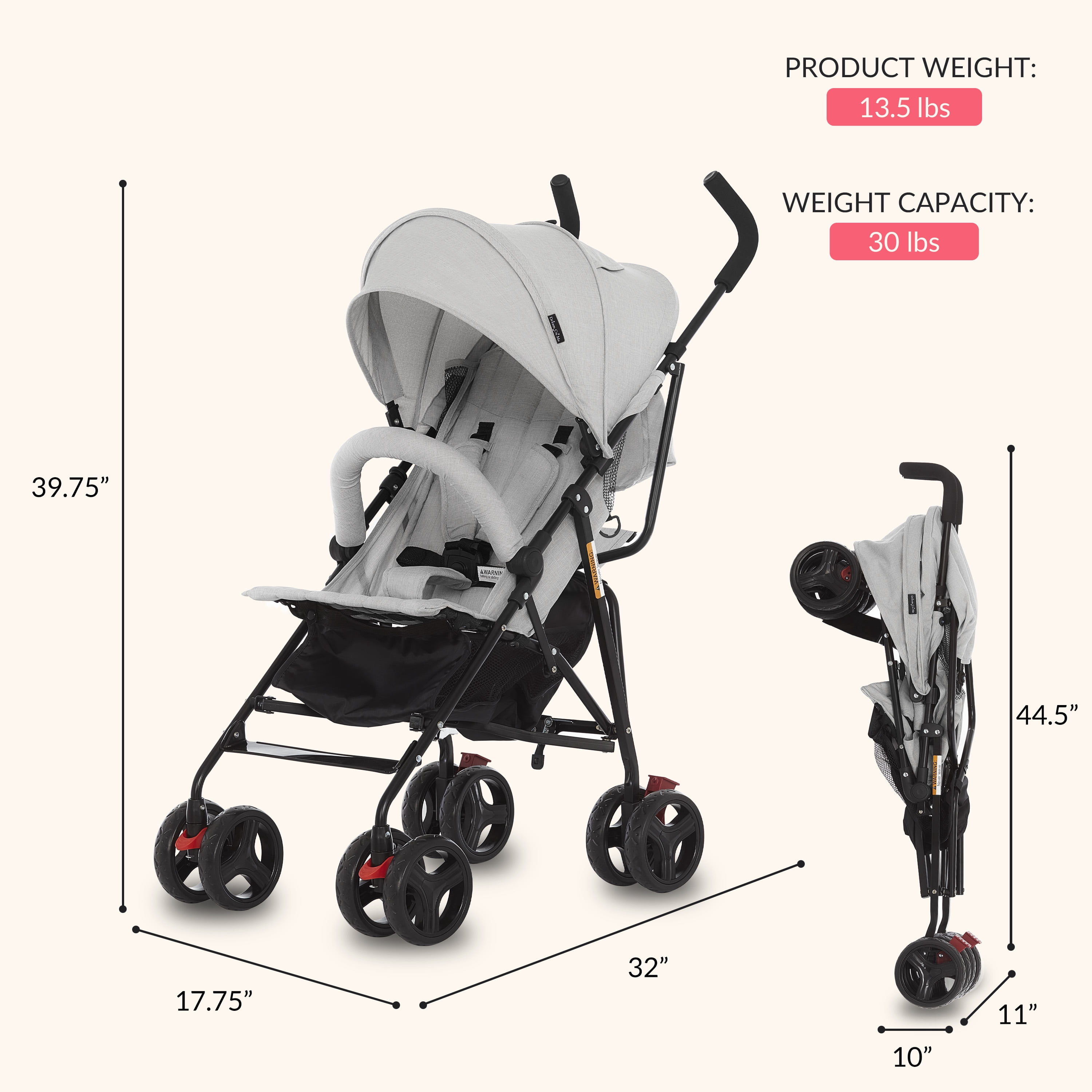 Dream On Me Vista Moonwalk Stroller | Lightweight Infant Stroller with Compact Fold | Multi-Position Recline | Canopy with Sun Visor | Perfect for Traveling and Theme Parks, Light Gray