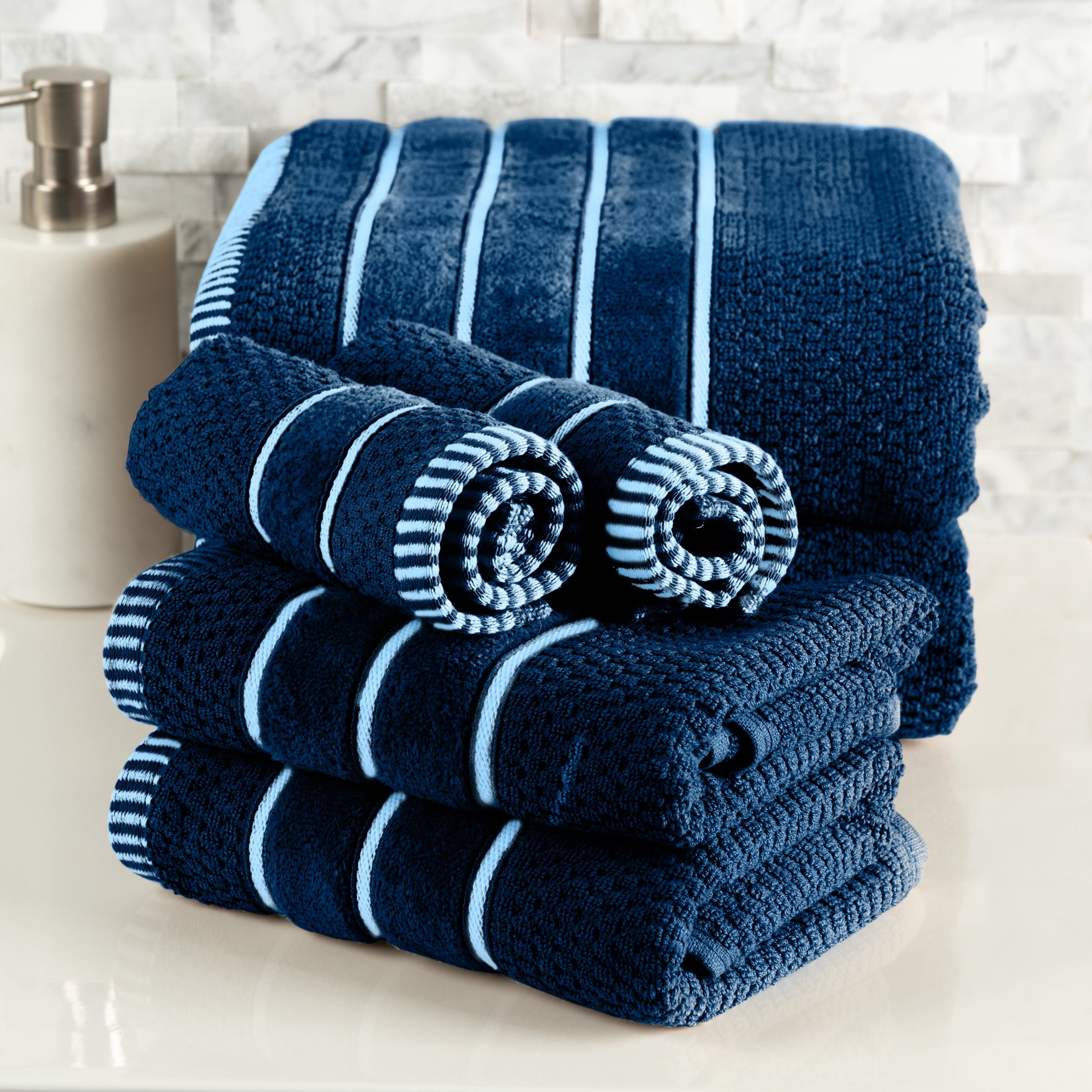Lavish Home 6-Piece 100% Cotton Bathroom Towel Set with Rice Weave (Navy)