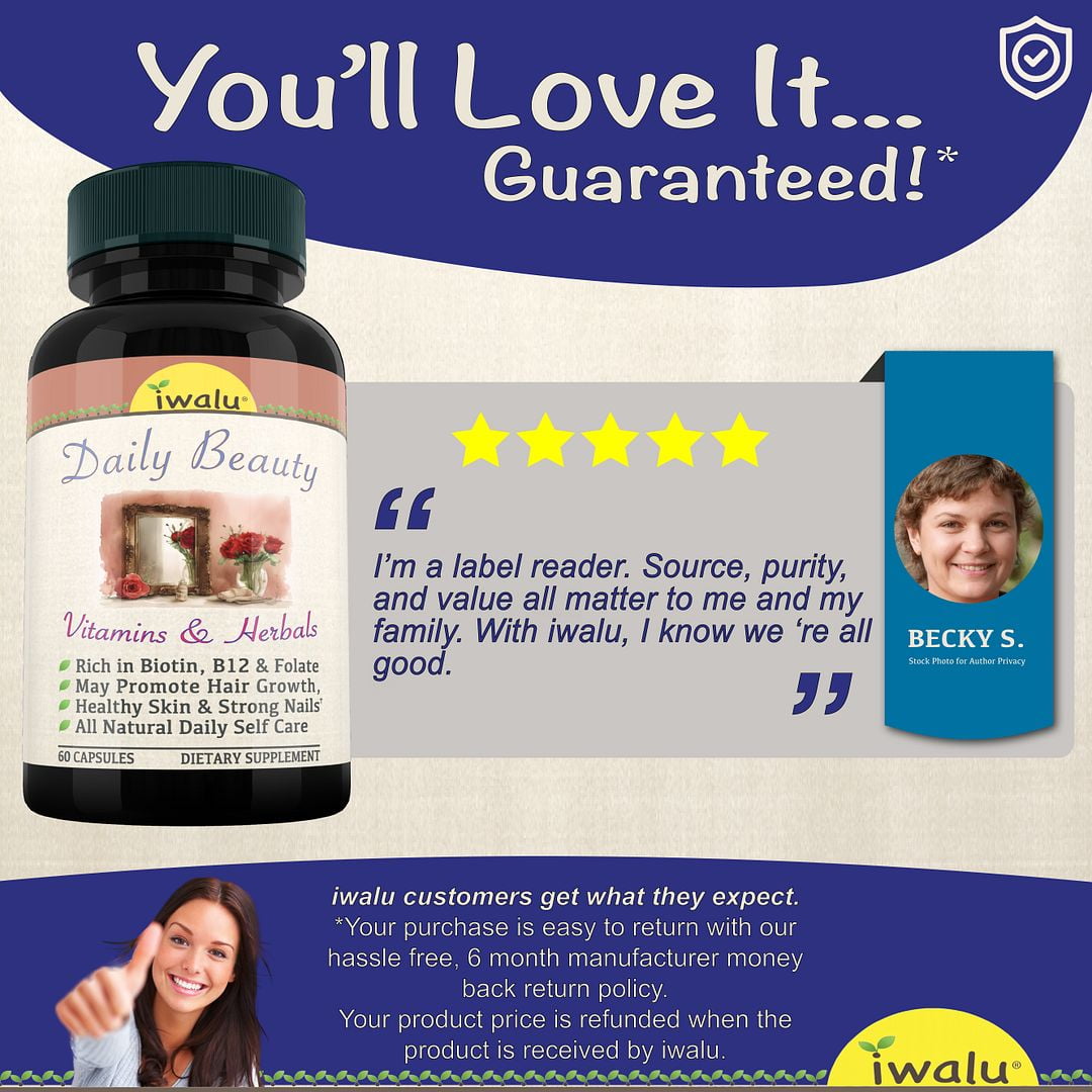 iwalu Daily Beauty | Hair Skin & Nails Vitamins | Botanical Supplement for Hair Growth, Radiant Skin, Strong Nails | Vegan, Non-GMO | 60 Vegan Capsules | NSF Certified & USA Made