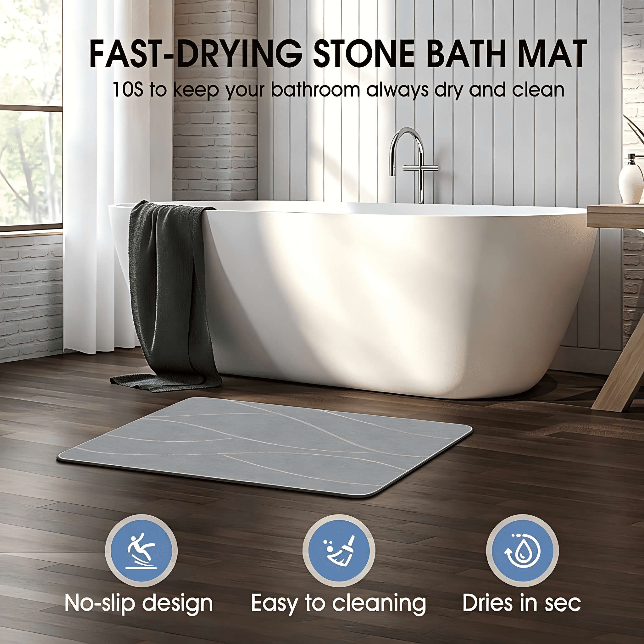 Diatomaceous Earth Bath Mat, Non-Slip Super Absorbent Stone Shower Mat for Bathroom Floor, Quick Drying Natural Diatomite, Easy to Clean, 23.6" x 15.4", Gray