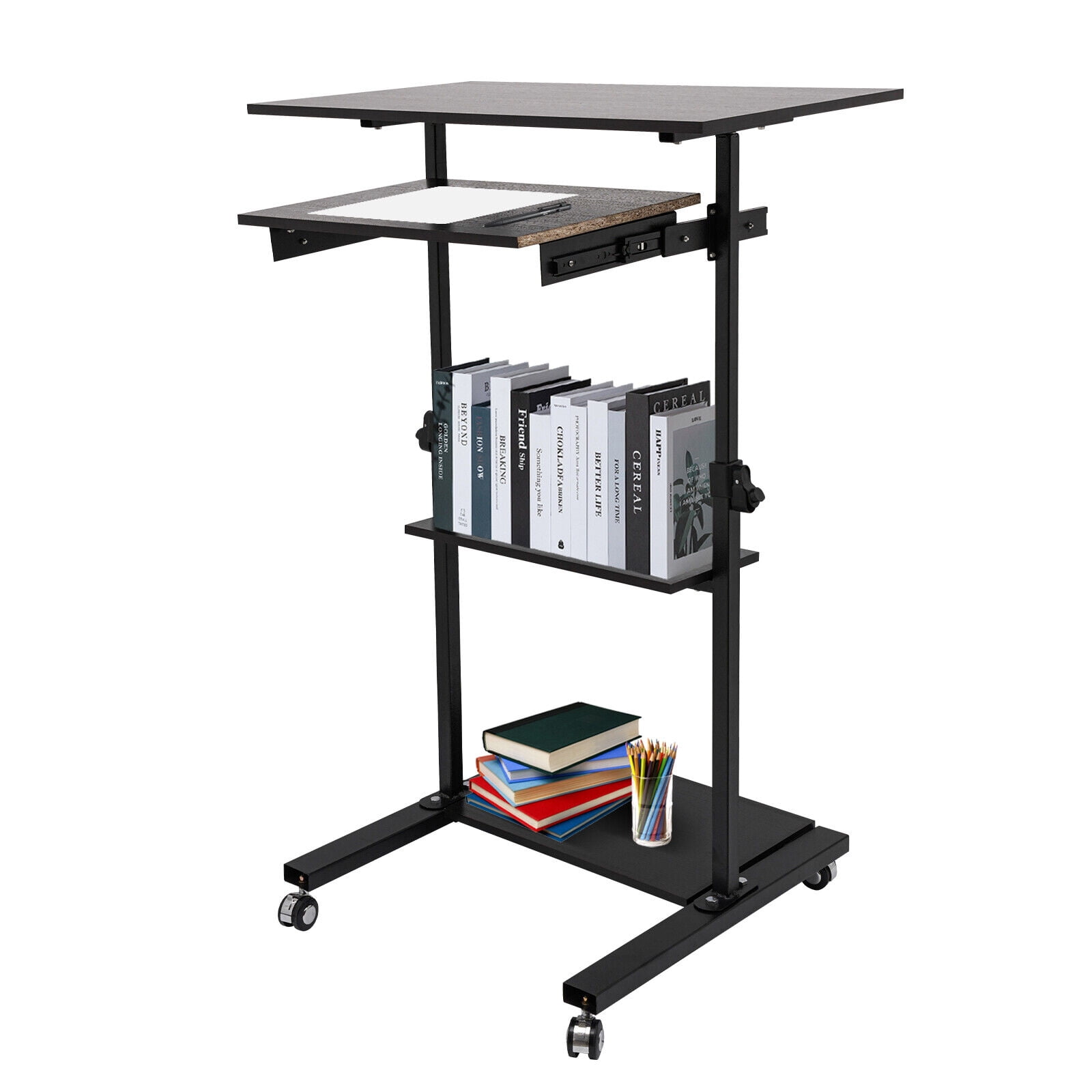 Stand Up Desk Cart Adjustable Table Height Black With 4 Countertops Mobile Standing Desk, Stand Up Work Station