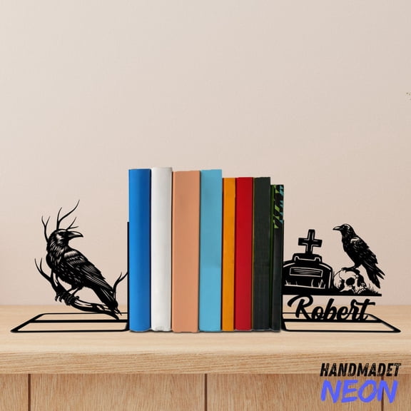 Handmadetneonsign Raven Metal Bookends, Raven Name Bookend, Animal Table Bookshelf Decor 044737