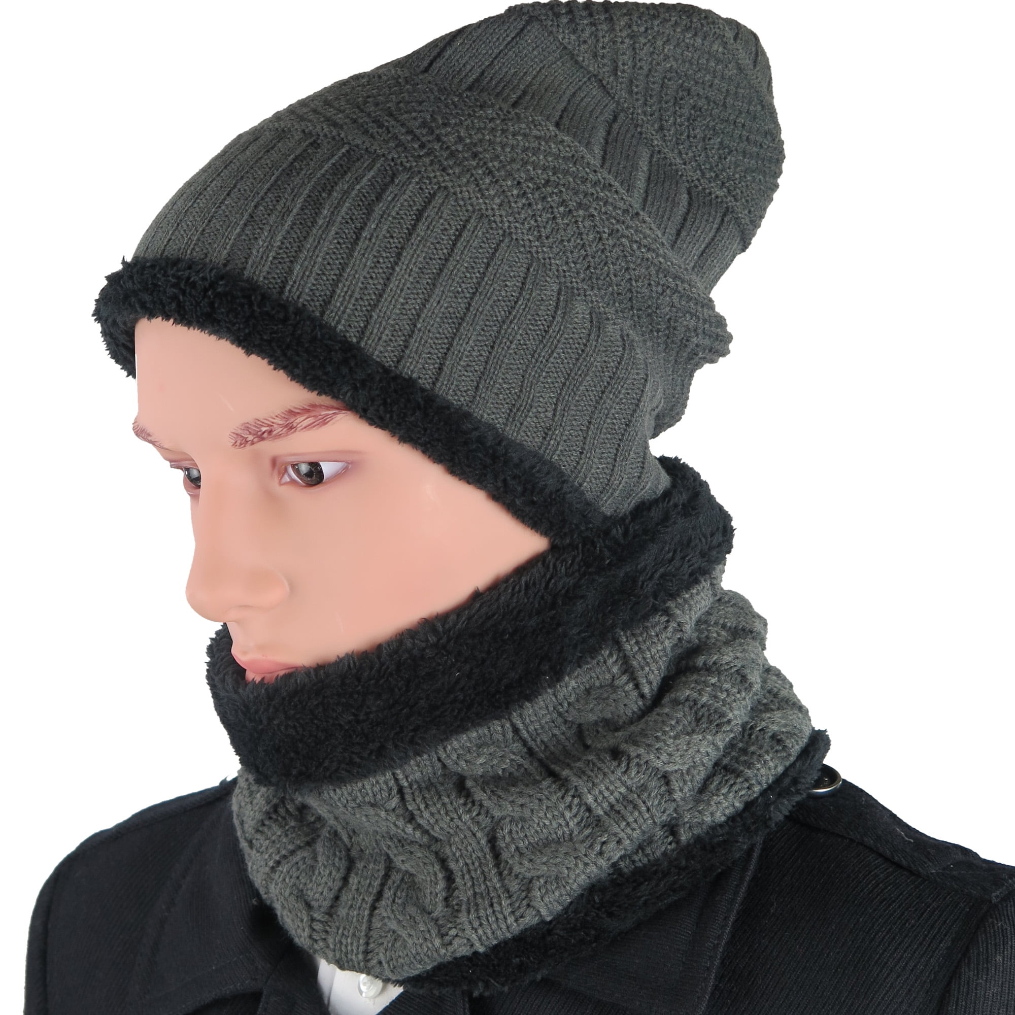 Custom Fisherman Knit Beanie and Scarf Gray Black Men Knitted Scarf Beanie Set Knit Beanie Gray Knit Slouch Fold Over Brim Beanie Scarf