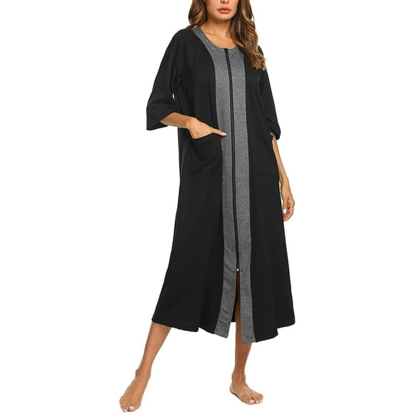 Housecoat Women's Short Sleeve Zipper Robe Long Nightgown Lougewear with Pockets S-XXL