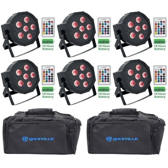 6 Rockville BATTERY PAR 61 Rechargeable RGBWA UV DMX DJ Wash Lights Remotes Bags