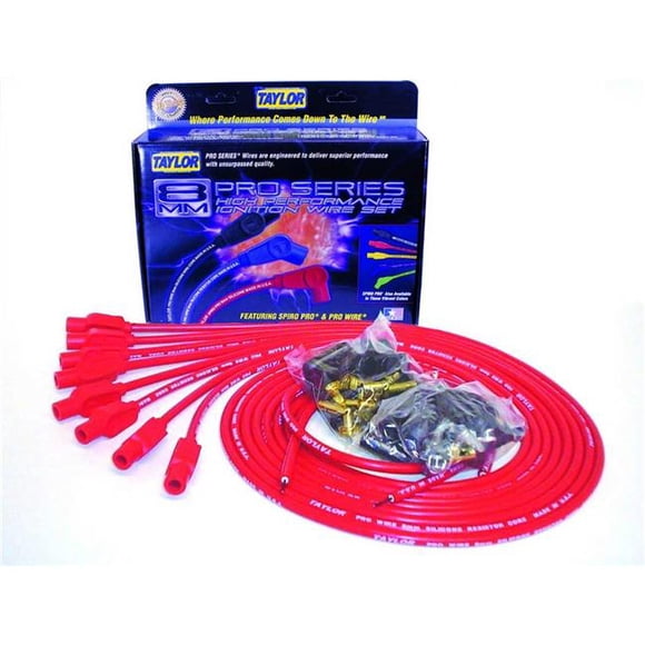 Taylor & Vertex TAY70255 8 mm Pro Wires Universal Spark Plug Wire Set - Red - Resistor Core Conductor - 180 deg Plug Boots - 8 Cylinder Applications