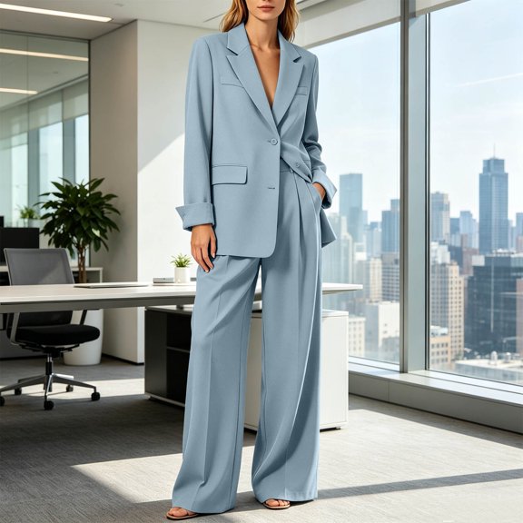 Gamivast Business 2 Piece Suit Set for Women Casual Notched Lapel Button Blazer Jacket and Wide Leg Trousers Office Professional Work Dress Outfits Light Blue L