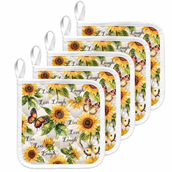 Sunflower Pot Holders for Kitchen Heatproof Potholder, 5 Pack Summer Botanical Vintage Spring Floral Butterfly Hot Pads Multipurpose Oven Pads Cloth Potholders Trivet for Cooking Baking