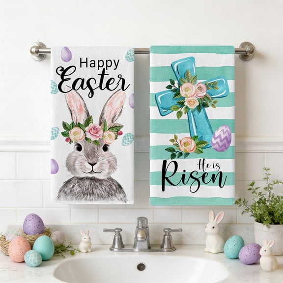 2-Piece Easter Microfiber Kitchen Towel, 40x60cm Festive Decorative Dish Towel, Soft Hand Face Bath Towel, Supply for Home Kitchen Bathroom Easter Decoration