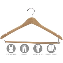 Curved Wood Suit Hanger w/ Locking Bar, Box of 100 17 Inch Hangers w/ Natural Finish & Chrome Swivel Hook & Notches for Shirt Dress or Pants by International Hanger