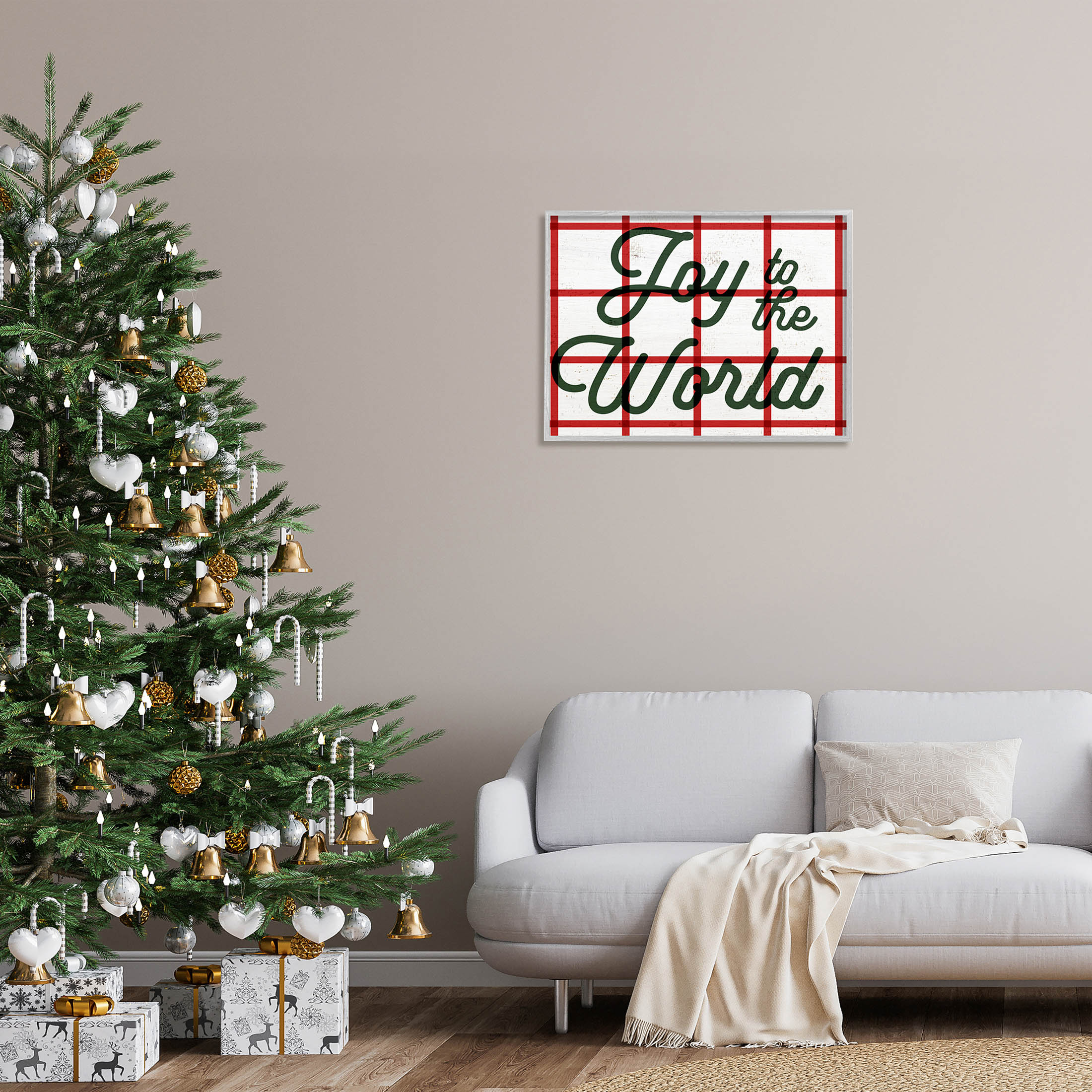 Joy To The World Tartan Phrase Holiday Graphic Art Gray Framed Art Print Wall Art