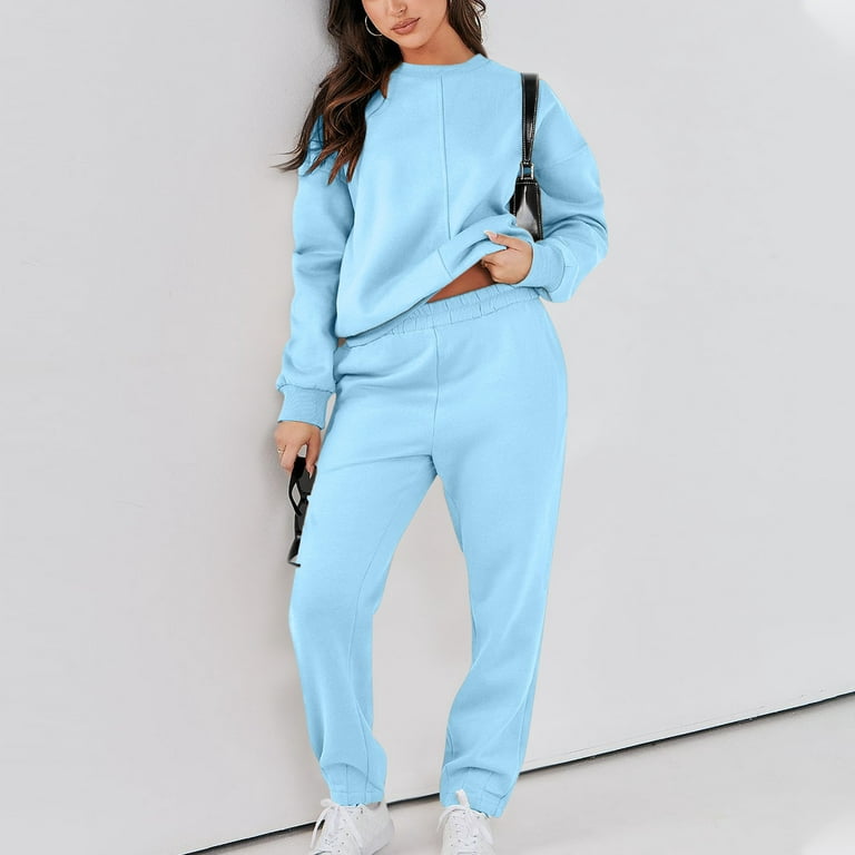 Workout Sets For Women 2 Sets Long Sleeve Crew Neck Pullover Tracksuit  Pants Tracksuit Casual Suit 2 piece outfits for women Light Blue L 