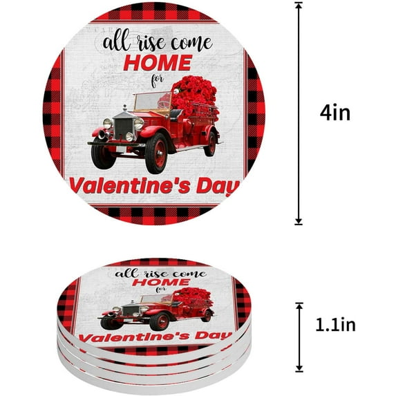 ZHANZZK Valentine's Day Red Truck and Rose Wooden Grain and Plaid Set of 4 Round Coaster for Drinks, Absorbent Ceramic Stone Coasters Cup Mat with Cork Base for Coffee Table Bar Decor