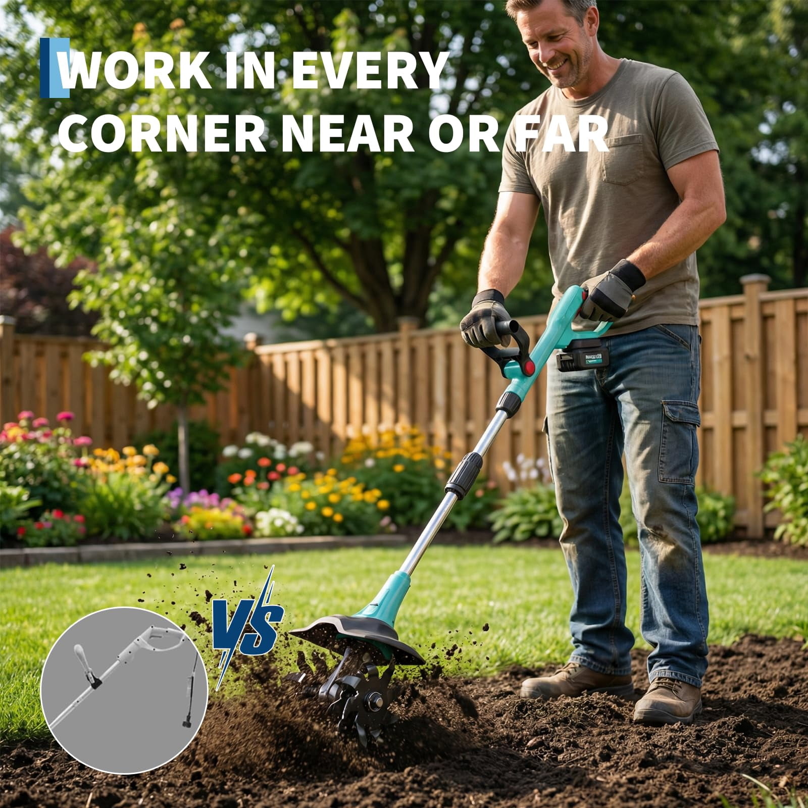 20V Cordless Tiller Cultivator, Electric Garden Tiller with 2 * 2.0Ah Batteries & Charger, 9in Tilling Width and 6.6in Depth Garden Rototiller