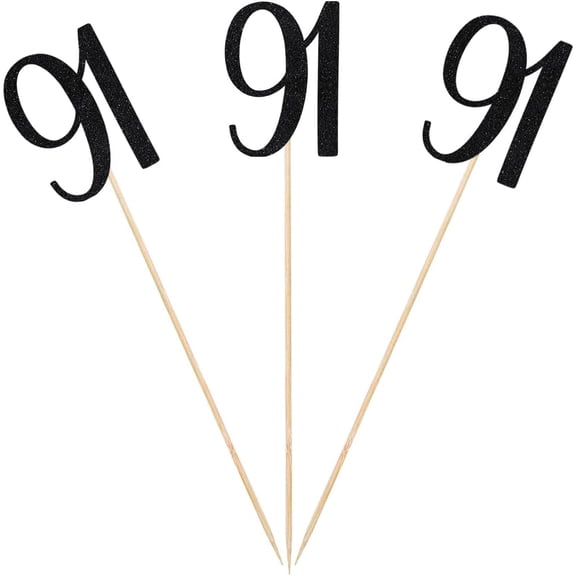 Black Glitter 91st Birthday Centerpiece Sticks, 12-Pack Number 91 Table Topper Anniversary Party Decorations