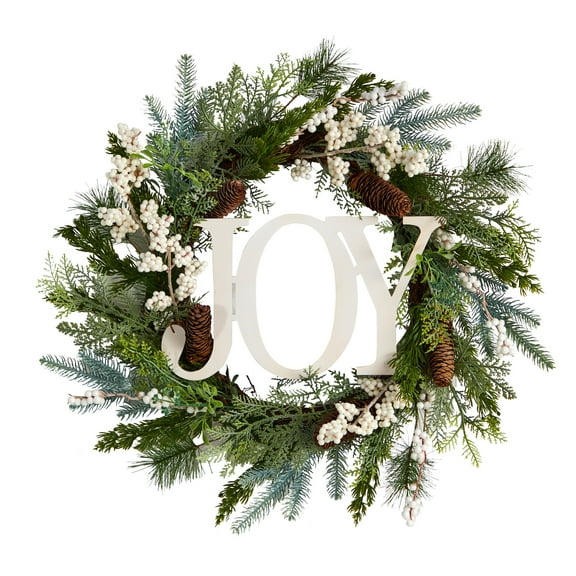 Nearly Natural Christmas Joy Greenery Pine Holiday Wreath, 24" (Green)