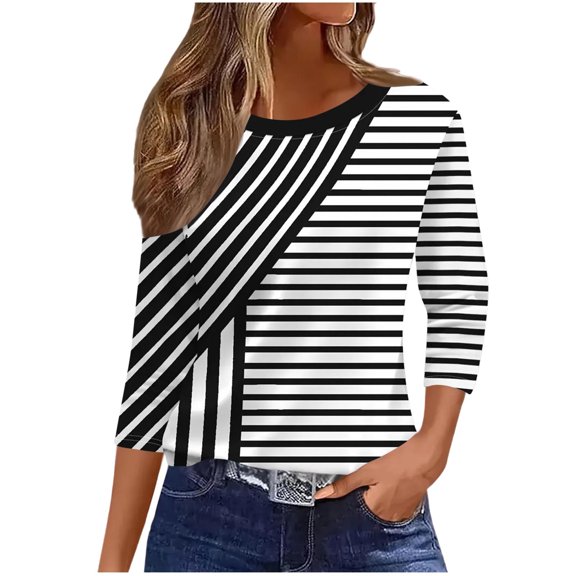 Lmueinov 3/4 Length Sleeve Womens Tops Geometric Printed Crew Neck Tunic Loose Fit Casual Blouses Striped Trendy T Shirt for Summer Fall Daily Wear