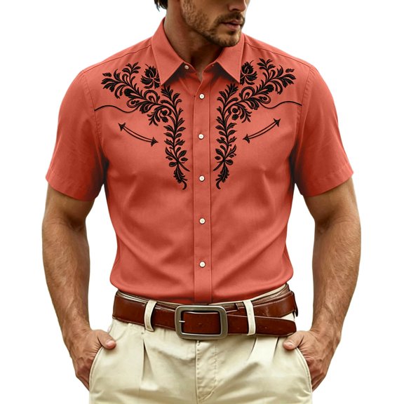 SRZYMJ Western Shirts for Men Cowboy Pearl Snap Short Sleeve Embroidered Country Shirts Casual Work Slim Fit Button Down Outfits