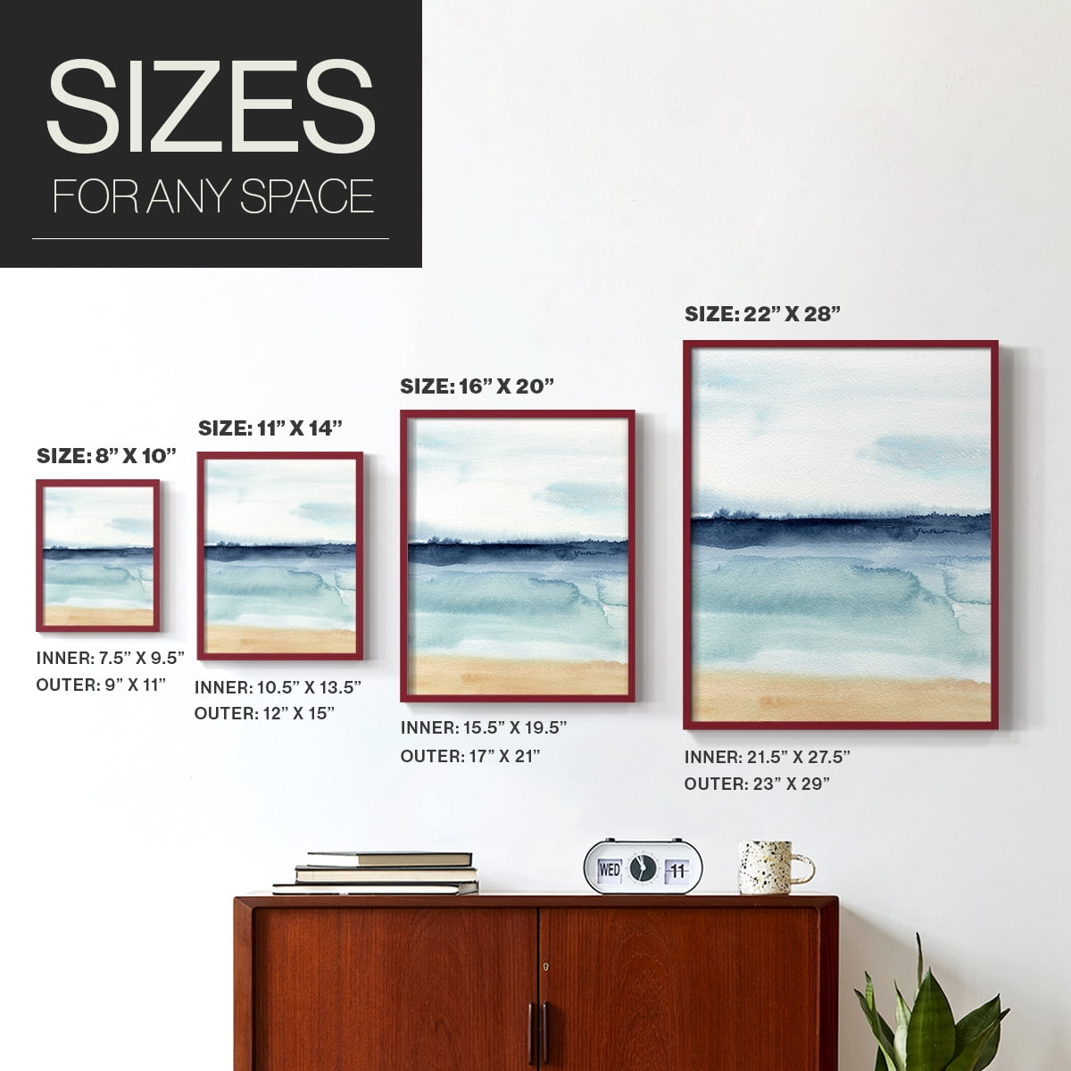 Watercolor Ocean Horizon I Framed Print in Red Solid Wood 11 x 14 Framed Print
