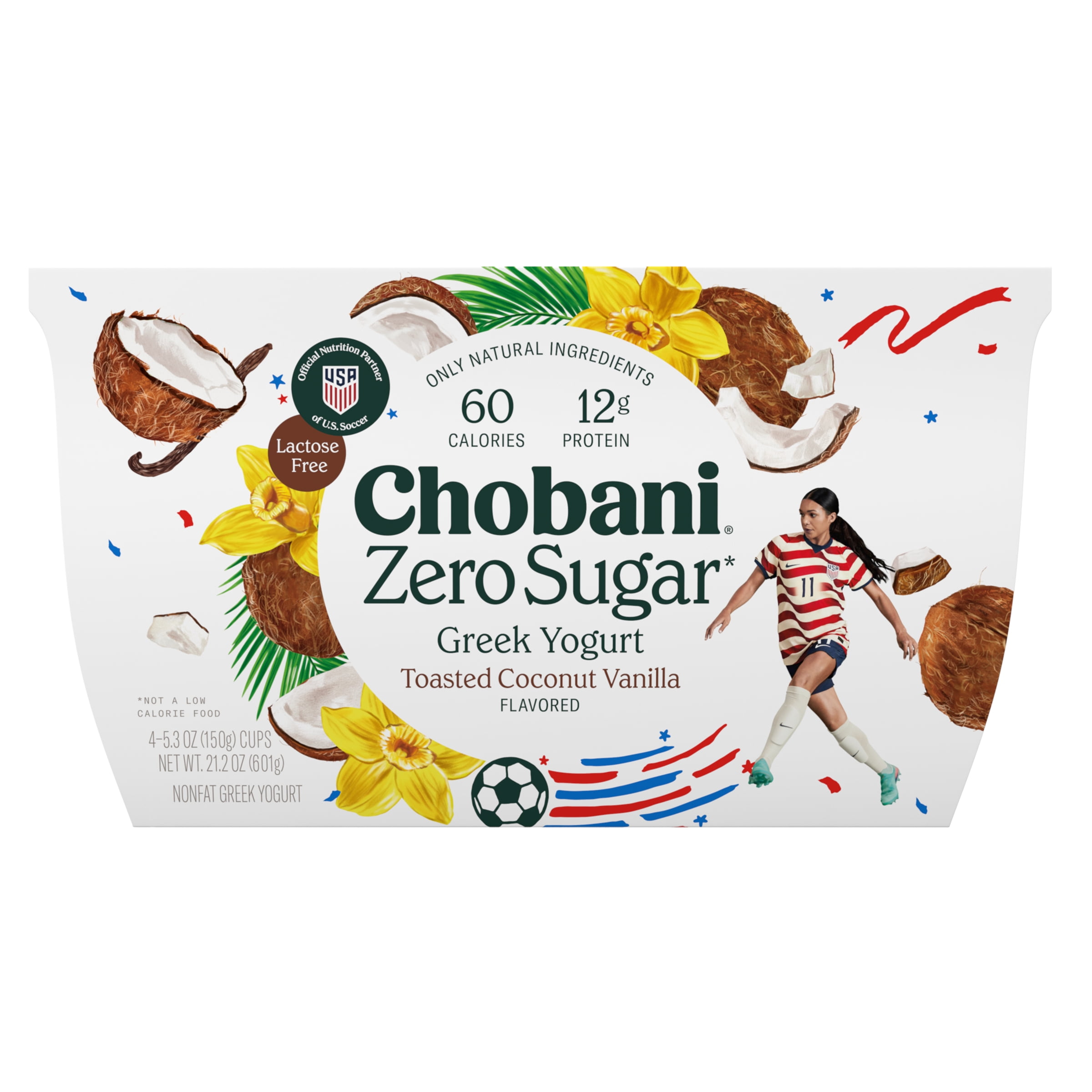 Chobani Zero Sugar Non-Fat Greek Yogurt Toasted Coconut Vanilla 5.3 oz Cup, 4 Pack