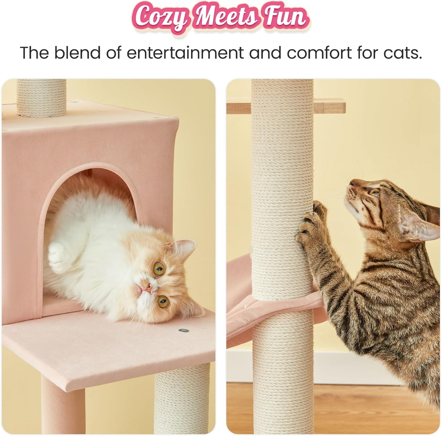 LEHOME Pink Modern Cat Tree for Indoor Cats, 63.8-Inch Multi-Level Tall Cat Tower with Cat Condo, Hammock, Woden Top Perch, Scratching Posts for Kittens & Adult Cats