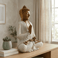 thumbnail image 5 of Wood Buddha Statue – Hand Carved Whitewashed Vitarka Mudra Sculpture, Zen Home Décor - 12" tall x 10" wide x 5.5" deep, 5 of 10