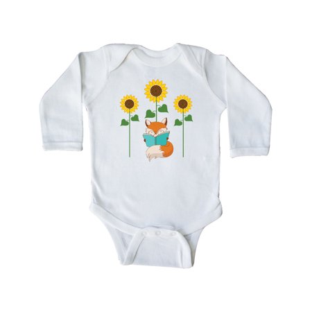 

Inktastic Reading Book Lover Sunflower Fox Gift Baby Boy or Baby Girl Long Sleeve Bodysuit