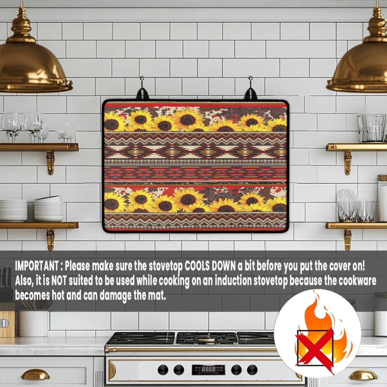 Renewold Stove Top Cover for Electric Stove, Stove Mat for Glass Stove Top, Heat Resistant Oil Resistant Cooktop Protector Cover for Kitchen Decor, American Tribal Sunflower Cow Print Red