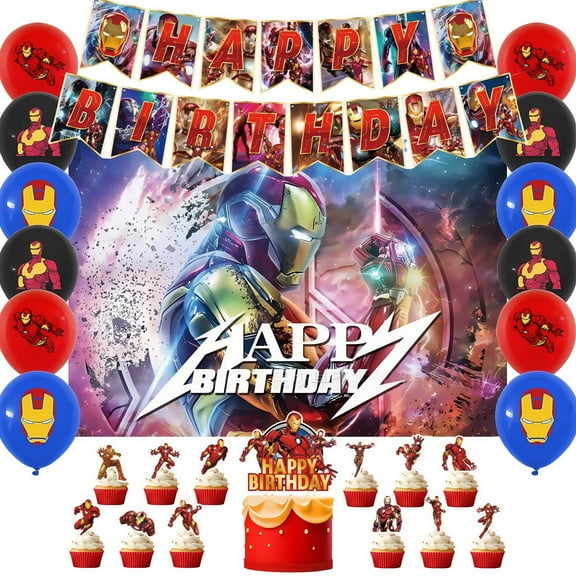 Cartoon Iron Man themed birthday party supplies decoration, birthday set includes birthday banner, backdrop, balloons, cake decorations, suitable for boys and girls birthday party supplies