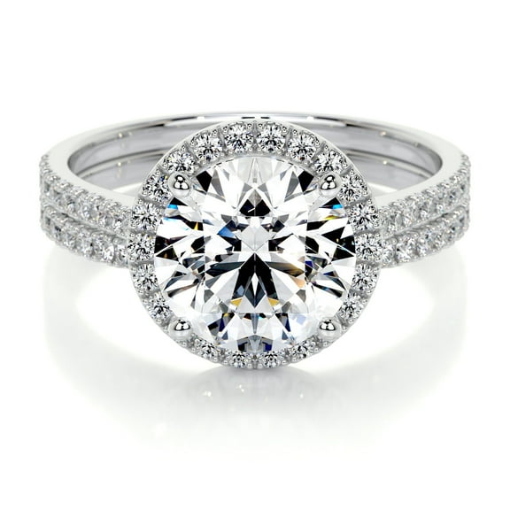 Blue Jewel Round Cut Halo Diamond Rings with Two Eternity Bands - 2 Ct Lab-Created Simulated Diamond in 14K White Gold Plated - Elegant Engagement Rings - Excellent for Special Occasion Gifting