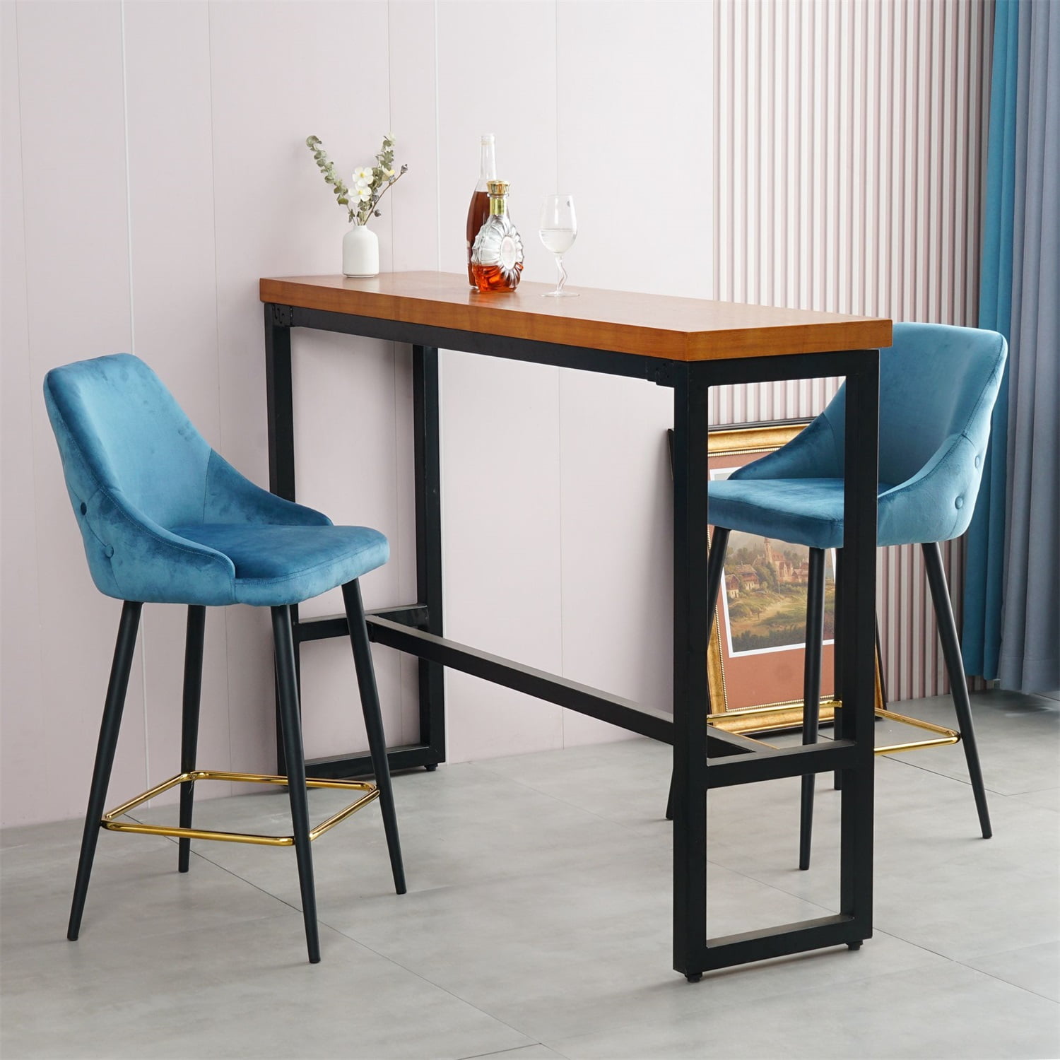 Kadyn Upholstered High Bar Stool Chair Set of 2, Modern Foam Bar Stools with Gold Legs, Bar Dining Chair for Dining Room, Blue