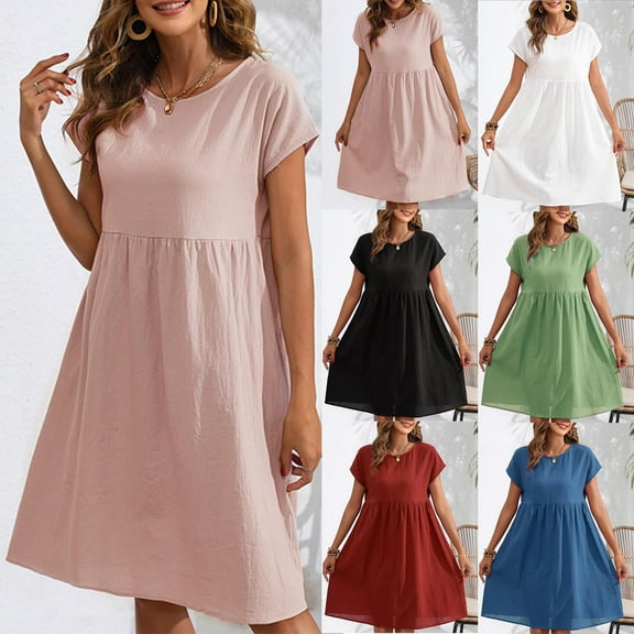 Hrsba Summer Plus Size Dress,Women's Summer And Linen Casual Mid Length Solid ColorShortSleeve Round Neck Dress,Womens Casual Short Sleeve Round-Neck Dress