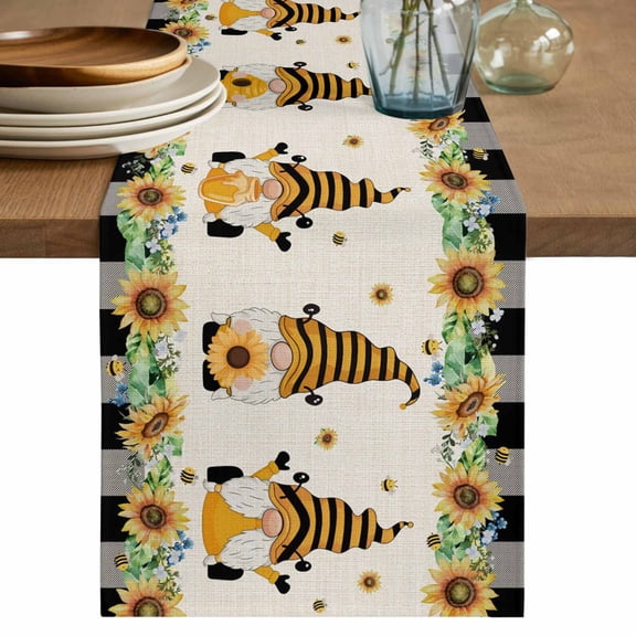 Table Runner 72 Inches Long for Kitchen Dining, Spring Honey Gnomes Dresser Scarf Farmhouse, Dining Table Decorations for Wedding/Parties, Farmhouse Sunflower Black Checkered 18 x 72 In