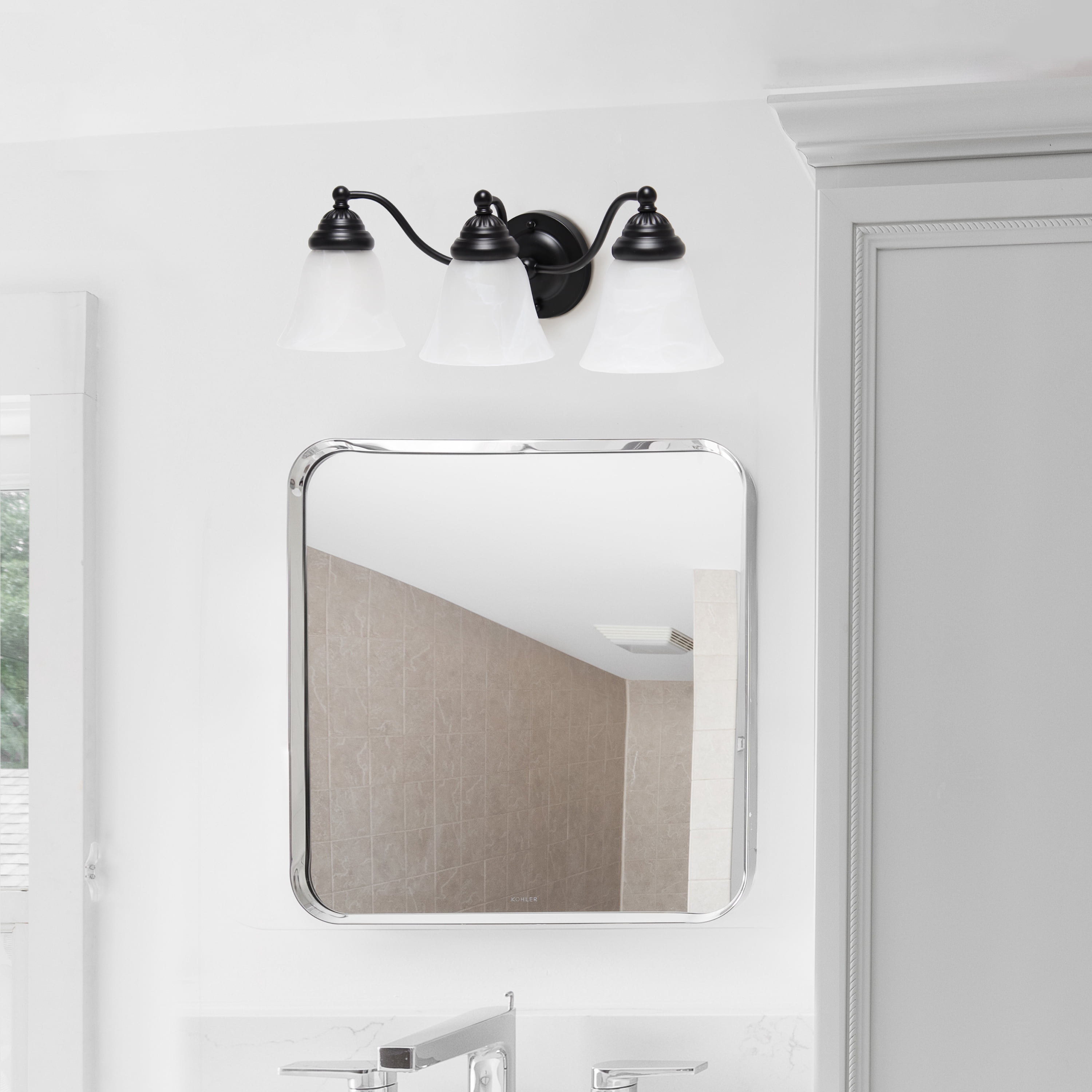 19.25" Classic 3 Light Winding Metal And Frosted Marble White Bell Shape Glass Shades Wall Mounted Vanity Fixture -